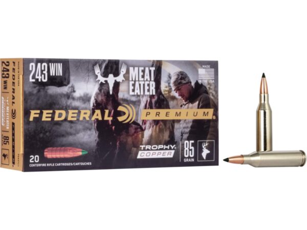 500 Rounds of Federal Premium Meat Eater Ammunition 243 Winchester 85 Grain Trophy Copper Tipped Boat Tail Lead-Free Box of 20 For Sale