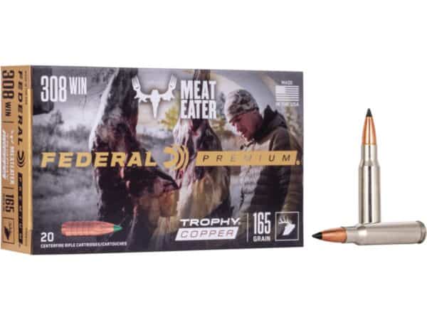 500 Rounds of Federal Premium Meat Eater Ammunition 308 Winchester 165 Grain Trophy Copper Tipped Boat Tail Lead-Free Box of 20 For Sale