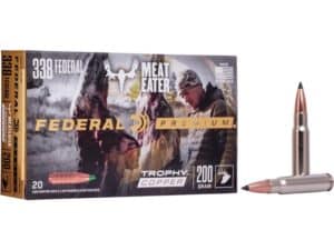 Federal Premium Meat Eater Ammunition 338 Federal 200 Grain Trophy Copper Tipped Boat Tail Lead-Free Box of 20  For Sale