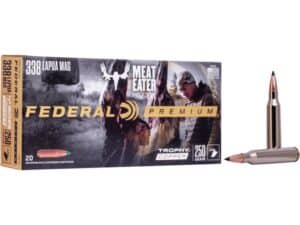 Federal Premium Meat Eater Ammunition 338 Lapua Magnum 250 Grain Trophy Copper Tipped Boat Tail Lead-Free Box of 20 For Sale