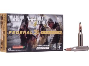 500 Rounds of Federal Premium Meat Eater Ammunition 7mm-08 Remington 140 Grain Trophy Copper Tipped Boat Tail Lead-Free Box of 20 For Sale