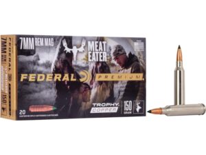 500 Rounds of Federal Premium Meat Eater Ammunition 7mm Remington Magnum 150 Grain Trophy Copper Tipped Boat Tail Lead-Free Box of 20 For Sale