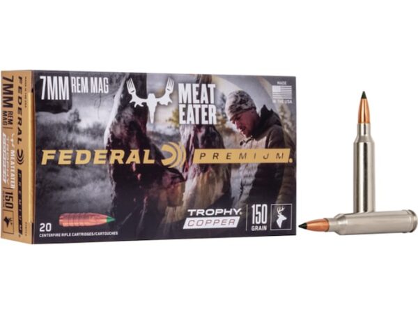 Federal Premium Meat Eater Ammunition 7mm Remington Magnum 150 Grain Trophy Copper Tipped Boat Tail Lead-Free Box of 20 For Sale