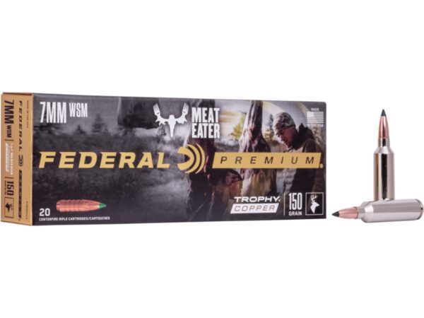 500 Rounds of Federal Premium Meat Eater Ammunition 7mm Winchester Short Magnum (WSM) 150 Grain Trophy Copper Tipped Boat Tail Lead-Free Box of 20 For Sale