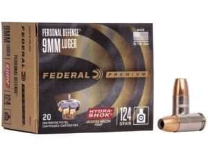 500 Rounds of Federal Premium Personal Defense Ammunition 9mm Luger 124 Grain Hydra-Shok Jacketed Hollow Point Box of 20 For Sale