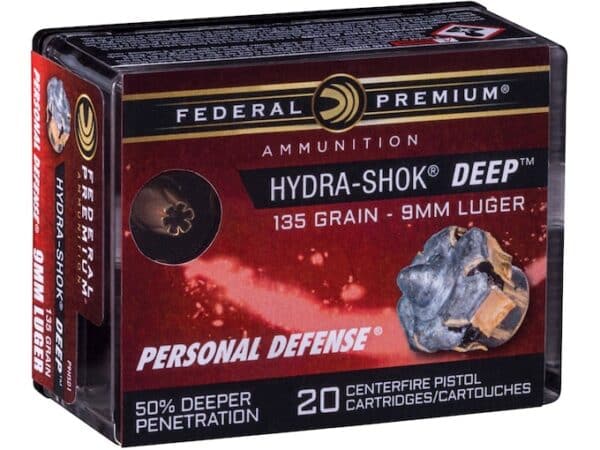 Federal Premium Personal Defense Ammunition 9mm Luger 135 Grain Hydra-Shok Deep Jacketed Hollow Point Box of 20 For Sale