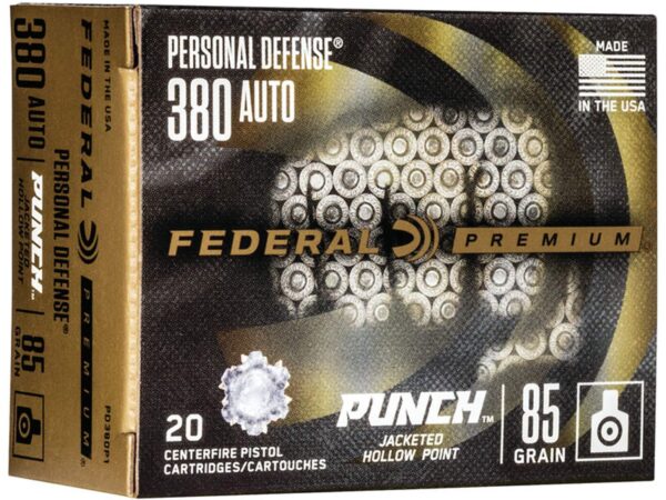500 Rounds of Federal Premium Personal Defense Punch Ammunition 380 ACP 85 Grain Jacketed Hollow Point Box of 20 For Sale