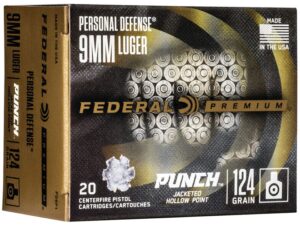 500 Rounds of Federal Premium Personal Defense Punch Ammunition 9mm Luger 124 Grain Jacketed Hollow Point Box of 20 For Sale