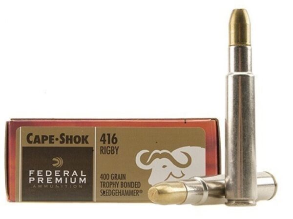 500 Rounds of Federal Premium Safari Ammunition 416 Rigby 400 Grain Trophy Bonded Sledgehammer Box of 20 For Sale
