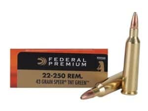 500 Rounds of Federal Premium Varmint Ammunition 22-250 Remington 43 Grain Speer TNT Green Hollow Point Lead-Free Box of 20 For Sale