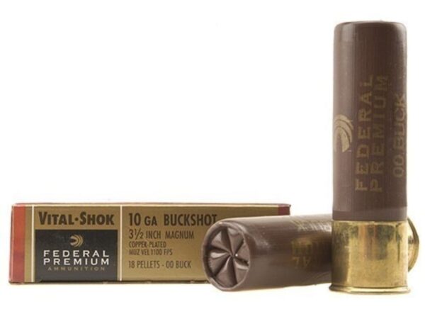 500 Rounds of Federal Premium Vital-Shok Ammunition 10 Gauge 3-1/2″ Buffered 00 Copper Plated Buckshot 18 Pellets Box of 5 For Sale