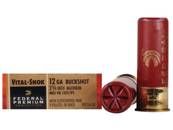 Federal Premium Vital-Shok Ammunition 12 Gauge 2-3/4" Buffered 00 Copper Plated Buckshot 9 Pellets Flitecontrol Wad Box of 5 For Sale