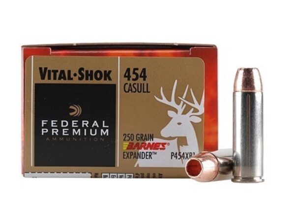 500 Rounds of Federal Premium Vital-Shok Ammunition 454 Casull 250 Grain Barnes XPB Hollow Point Lead-Free Box of 20 For Sale