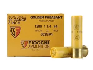 Fiocchi Golden Pheasant Ammunition 20 Gauge 3" 1-1/4 oz #4 Nickel Plated Shot Box of 25 For Sale