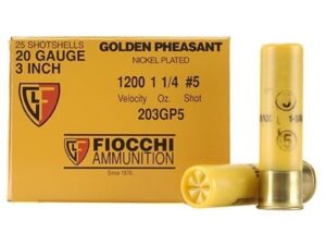 Fiocchi Golden Pheasant Ammunition 20 Gauge 3" 1-1/4 oz #5 Nickel Plated Shot Box of 25 For Sale
