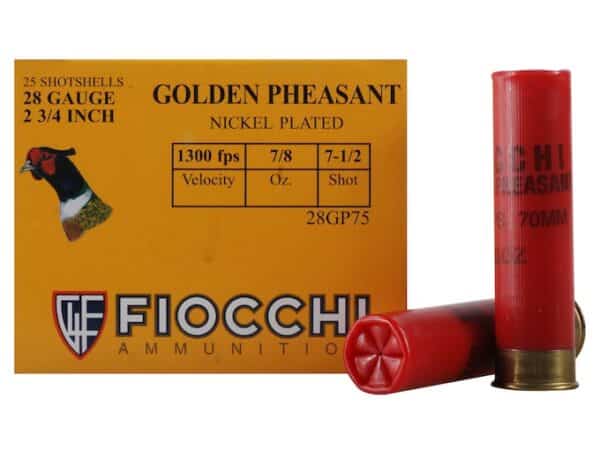 Fiocchi Golden Pheasant Ammunition 28 Gauge 2-3/4" 7/8 oz #7-1/2 Nickel Plated Shot Box of 25 For Sale