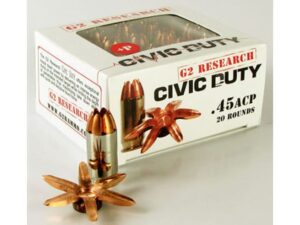 G2 Research Civic Duty Ammunition 45 ACP 164 Grain Expanding Solid Copper Lead-Free Box of 20 For Sale