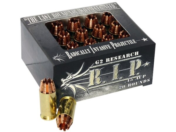 G2 Research R.I.P. Ammunition 45 ACP 162 Grain Radically Invasive Projectile Fragmenting Solid Copper Lead-Free Box of 20 For Sale