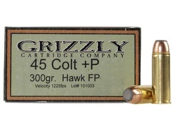 Grizzly Ammunition 45 Colt (Long Colt) +P 300 Grain Bonded Core Jacketed Flat Point Box of 20 For Sale
