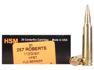 HSM Trophy Gold Ammunition 257 Roberts +P 115 Grain Berger Hunting VLD Hollow Point Boat Tail Box of 20 For Sale