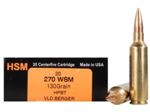 HSM Trophy Gold Ammunition 270 Winchester Short Magnum (WSM) 130 Grain Berger Hunting VLD Hollow Point Boat Tail Box of 20 For Sale