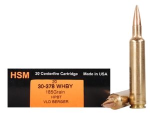 500 Rounds of HSM Trophy Gold Ammunition 30-378 Weatherby Magnum 185 Grain Berger Hunting VLD Hollow Point Boat Tail Box of 20 For Sale