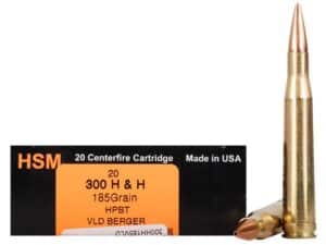 HSM Trophy Gold Ammunition 300 H&H Magnum 185 Grain Berger Hunting VLD Hollow Point Boat Tail Box of 20 For Sale