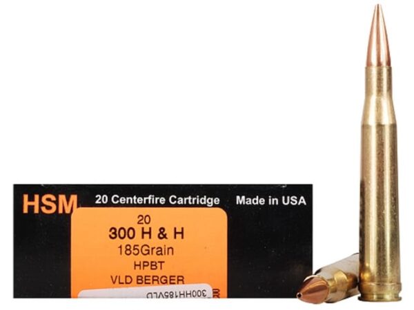 HSM Trophy Gold Ammunition 300 H&H Magnum 185 Grain Berger Hunting VLD Hollow Point Boat Tail Box of 20 For Sale