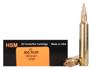 HSM Trophy Gold Ammunition 300 Remington Ultra Magnum 185 Grain Berger Hunting VLD Hollow Point Boat Tail Box of 20 For Sale