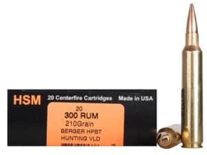500 Rounds of HSM Trophy Gold Ammunition 300 Remington Ultra Magnum 210 Grain Berger Hunting VLD Hollow Point Boat Tail Box of 20 For Sale