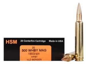 HSM Trophy Gold Ammunition 300 Weatherby Magnum 185 Grain Berger Hunting VLD Hollow Point Boat Tail Box of 20 For Sale