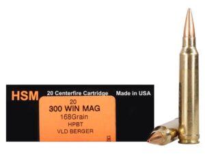HSM Trophy Gold Ammunition 300 Winchester Magnum 168 Grain Berger Hunting VLD Hollow Point Boat Tail Box of 20 For Sale