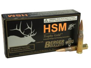 500 Rounds of HSM Trophy Gold Ammunition 308 Winchester 168 Grain Berger Hunting VLD Hollow Point Boat Tail Box of 20 For Sale