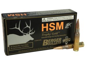 HSM Trophy Gold Ammunition 308 Winchester 168 Grain Berger Hunting VLD Hollow Point Boat Tail Box of 20 For Sale
