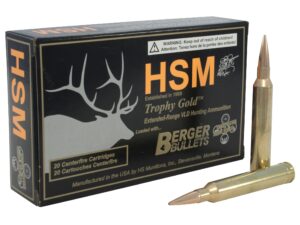 500 Rounds of HSM Trophy Gold Ammunition 7mm STW 168 Grain Berger Hunting VLD Hollow Point Boat Tail Box of 20 For Sale