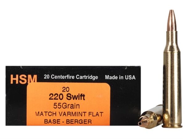 HSM Varmint Gold Ammunition 220 Swift 55 Grain Berger Varmint Hollow Point Flat Base Box of 20 For Sale