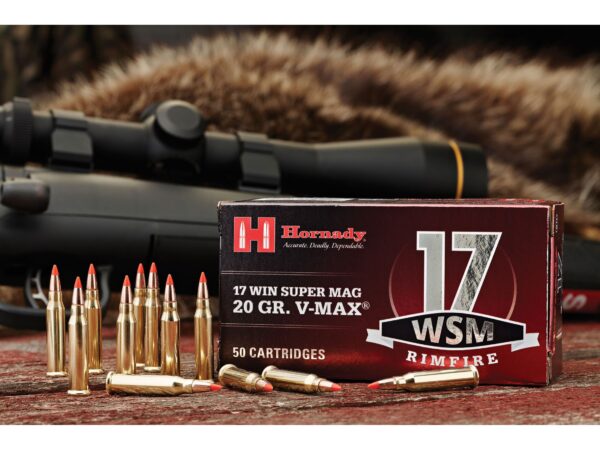 500 Rounds of Hornady Ammunition 17 Winchester Super Magnum 20 Grain V-MAX Polymer Tip Box of 50 For Sale