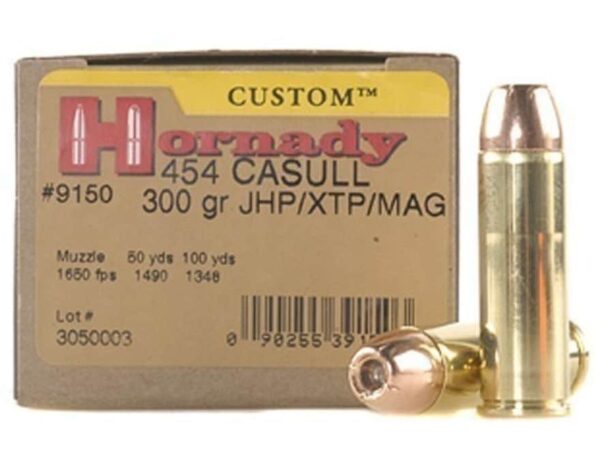500 Rounds of Hornady Custom Ammunition 454 Casull 300 Grain XTP Jacketed Hollow Point Box of 20 For Sale