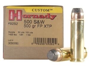 500 Rounds of Hornady Custom Ammunition 500 S&W Magnum 500 Grain XTP Jacketed Flat Nose Box of 20 For Sale