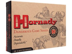 500 Rounds of Hornady Dangerous Game Ammunition 375 H&H Magnum 300 Grain DGS Flat Nose Solid Box of 20 For Sale