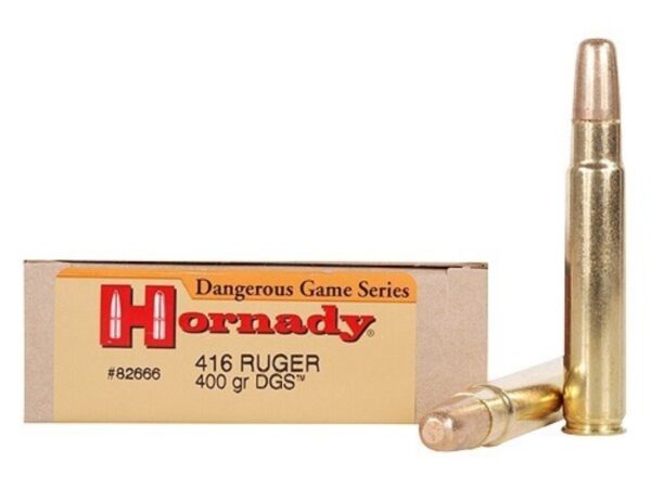 500 Rounds of Hornady Dangerous Game Ammunition 416 Ruger 400 Grain DGS Round Nose Solid Box of 20 For Sale