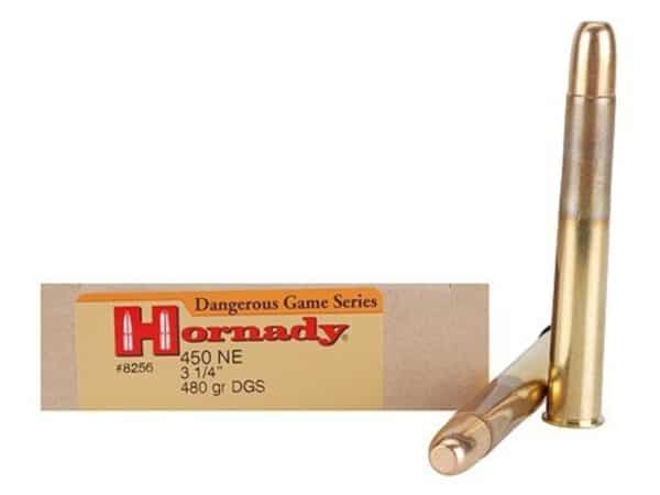 500 Rounds of Hornady Dangerous Game Ammunition 450 Nitro Express 3-1/4″ 480 Grain DGS Flat Nose Solid Box of 20 For Sale