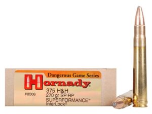 500 Rounds of Hornady Dangerous Game Superformance Ammunition 375 H&H Magnum 270 Grain Spire Point Recoil Proof Box of 20 For Sale