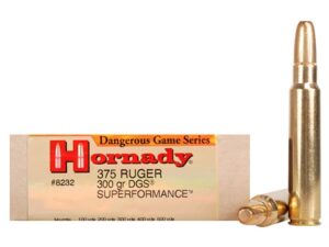 500 Rounds of Hornady Dangerous Game Superformance Ammunition 375 Ruger 300 Grain Round Nose Solid Box of 20 For Sale