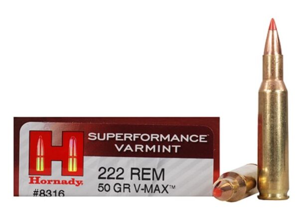 500 Rounds of Hornady Superformance Varmint Ammunition 222 Remington 50 Grain V-MAX Polymer Tip Box of 20 For Sale