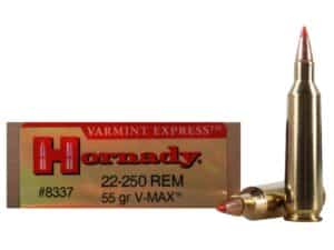 500 Rounds of Hornady Varmint Express Ammunition 22-250 Remington 55 Grain V-MAX Polymer Tip Box of 20 For Sale