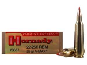 Hornady Varmint Express Ammunition 22-250 Remington 55 Grain V-MAX Polymer Tip Box of 20 For Sale
