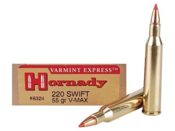 500 Rounds of Hornady Varmint Express Ammunition 220 Swift 55 Grain V-MAX Polymer Tip Box of 20 For Sale