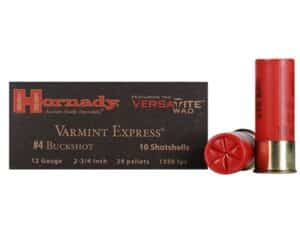 500 Rounds of Hornady Varmint Express Buckshot Ammunition 12 Gauge 2-3/4″ #4 Buckshot 24 Pellets Box of 10 For Sale