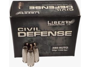 500 Rounds of Liberty Civil Defense Ammunition 380 ACP 50 Grain Fragmenting Hollow Point Lead-Free Box of 20 For Sale